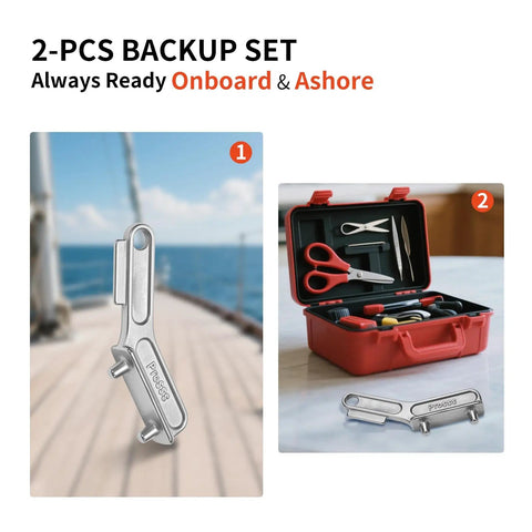 Marine Grade 316 Stainless Steel Deck Fill Key For Boats, Polished Gas Cap Key Set, with toolbox and scissors on deck