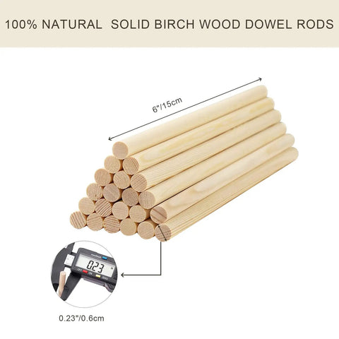 Premium Unfinished Birch Dowel Rods 1/4 X 6 In Natural Hardwood Sticks for Crafts and DIY Projects arranged for measurement.