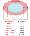 Diagram showing dimensions for Clear Tempered Glass Lazy Susan Turntable with Silent Bearings and wheels on dining tables.
