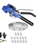 Heavy Duty Steel Strapping Kit Three Quarter Inch By One Hundred Foot S304 Stainless Coil With Manual Ratchet Tensioner And Cutter Plus One Hundred Ear Lock Buckles A Real Workhorse For Pallets Pipes And Bundling, with tensioner, coil, gloves, and buckles