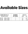 Table displaying available sizes for 24X24 Fire Rated Insulated Access Panel Featuring Two Inches Of Mineral Wool And A 16 Gauge Steel Frame.