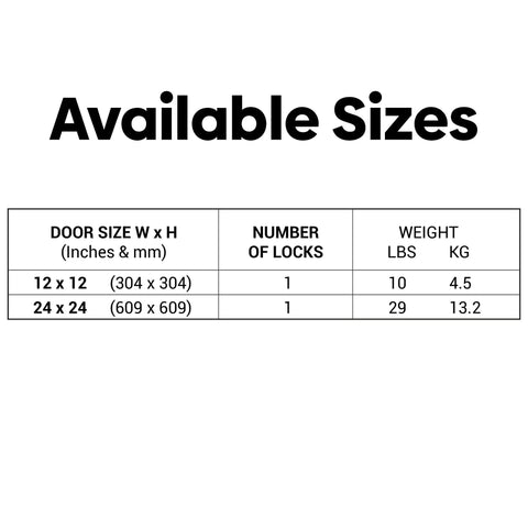 Table displaying available sizes for 24X24 Fire Rated Insulated Access Panel Featuring Two Inches Of Mineral Wool And A 16 Gauge Steel Frame.