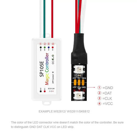 Wireless Bluetooth Controller SP105E for LED Strips and Pixel Modules with wiring details for WS2812 WS2811 SK6812.
