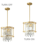 Modern Gold Crystal Foyer Chandelier With Round Metal Frame Adjustable Height Entryway Pendant Light, on and off display.