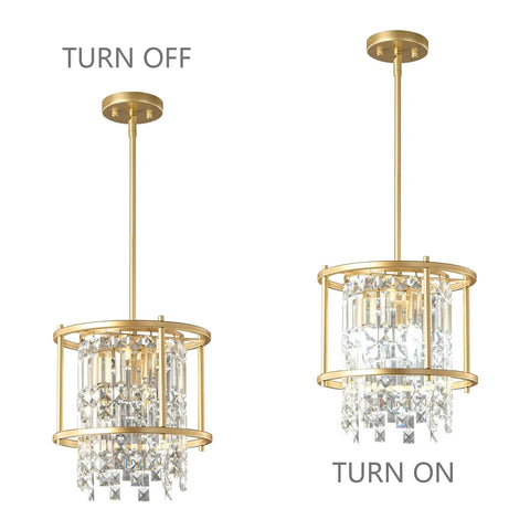 Modern Gold Crystal Foyer Chandelier With Round Metal Frame Adjustable Height Entryway Pendant Light, on and off display.