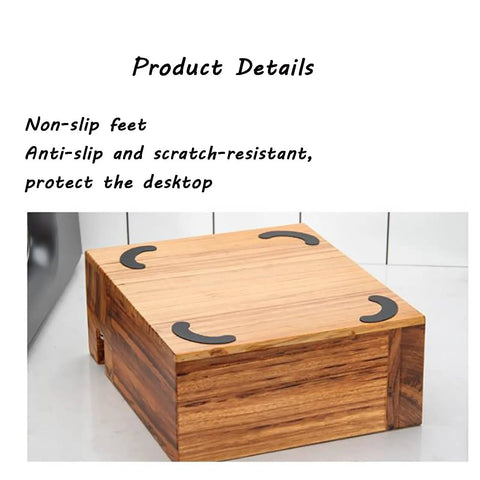 Close-up view of Sleek Wooden Espresso Tamper Station With Integrated Knock Box Fits 58 mm Portafilters with non-slip feet.