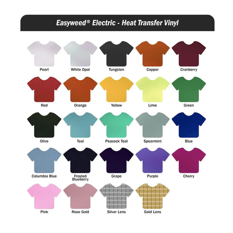 Electric Copper EasyWeed Heat Transfer Vinyl Roll color chart, showcasing t-shirt colors for customizing with Cricut.