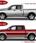 Comparison of Dodge Ram Quad cab with small rear doors and Crew cab with big rear doors, showcasing size difference.