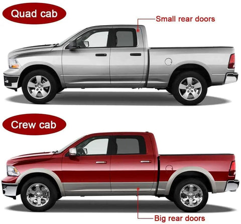 Comparison of Dodge Ram Quad cab with small rear doors and Crew cab with big rear doors, showcasing size difference.