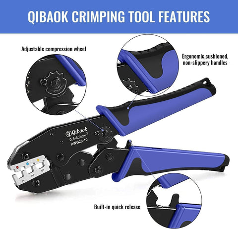 Ratcheting Wire Crimping Tool For Heat Shrink Connectors, Precision AWG 22 To 10, One Step Crimp, black and blue ergonomic handle