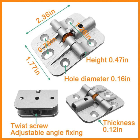 Adjustable 180 Degree Locking Hinges For DIY Bifold Doors And Folding Tables Zinc Alloy Construction 4 Pack shown in various angles with dimensions