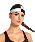 Black And White Piano Grid Print Stretchy Headbands Sweat Wicking And Ultra Breathable Workout Band worn by woman with braid