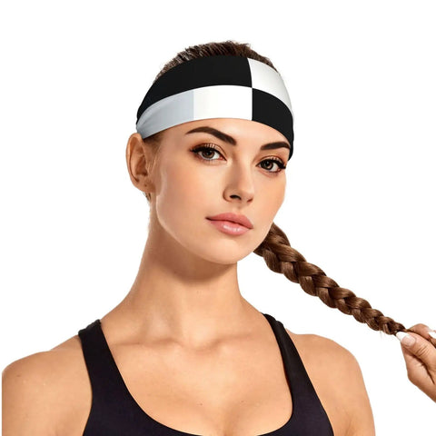 Black And White Piano Grid Print Stretchy Headbands Sweat Wicking And Ultra Breathable Workout Band worn by woman with braid