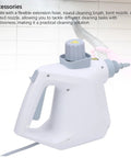 Supercharged Handheld Steam Cleaner Packing 1000W Output And Spacious Tank To Vaporize Grime For Home And Vehicle Detailing With Built In Child Safety Lock And Us Plug Ready Design, shown with flexible hose and nozzles.