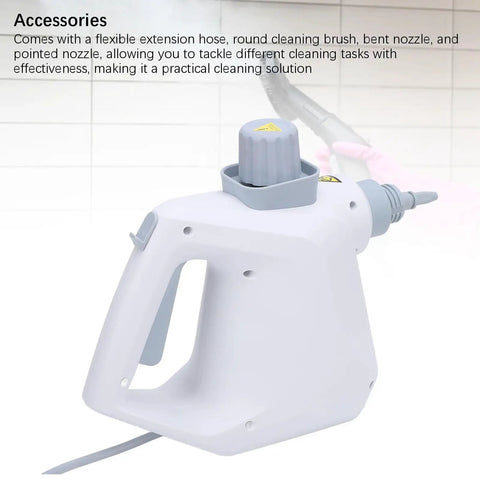 Supercharged Handheld Steam Cleaner Packing 1000W Output And Spacious Tank To Vaporize Grime For Home And Vehicle Detailing With Built In Child Safety Lock And Us Plug Ready Design, shown with flexible hose and nozzles.