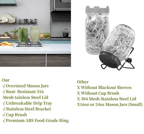 No Fuss All In One Sprouting Jar Kit With Wide Mouth Quart Mason Jars, Stainless Steel Sprout Lids, 86mm 1000ml Stand, Tray And Canning Brush on kitchen counter