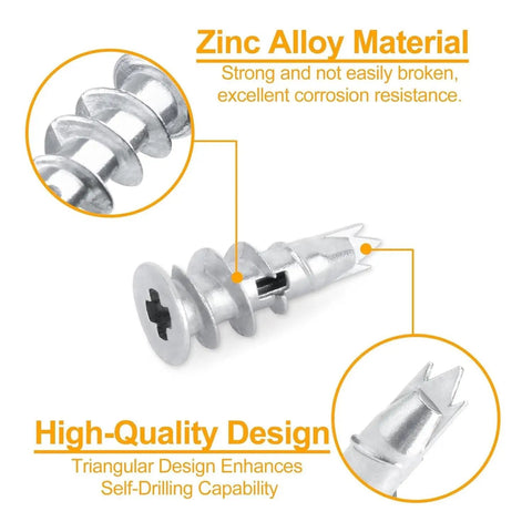 120 Piece Zinc Alloy Drywall Anchor Kit With 60 Self Drilling Anchors And 60 Expansion Screws For Drywall, zinc alloy self-drilling anchor close-up