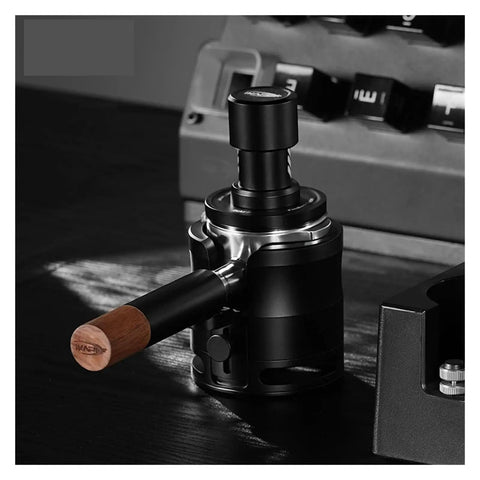 58mm Adjustable Portafilter Holder And Espresso Tamping Station with black finish and wood handle for secure coffee tamp.