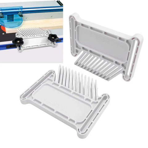 Hella Adjustable Featherboard For Tablesaw And Band Saw With Rock Solid Grip Safety Lock System mounted on a table saw, showing ABS material and comb-like design.