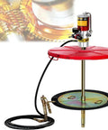 Heavy Duty Pneumatic Grease Pump For 55 Gallon Drums With 16 Foot Hose, featuring a sturdy red body and flexible hose for auto shops.