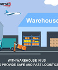 Illustration of a warehouse with a truck, boxes, and airplane symbolizing logistics and storage services.