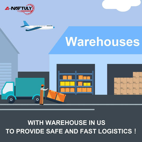 Illustration of a warehouse with a truck and boxes, an airplane overhead, and a worker unloading cargo, with 'Warehouses' text.