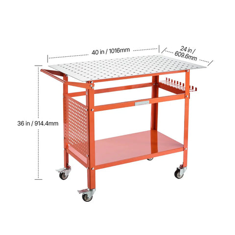 Built Like A Tank Steel Welding Workbench 40 By 24 Inches Handling 800 Lbs with red structure and double storage shelf.