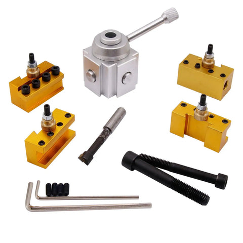 Mini Lathe Quick Change Tool Post Set Built For Fast Swaps With Boring Holder Three Eighths, Cutoff Blade Holder One Half Inch