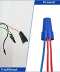Wire connector set: left shows traditional taped wiring; right blue twist-on cap with red and blue wires.