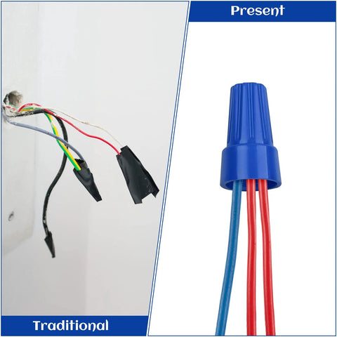 Wire connector set: left shows traditional taped wiring; right blue twist-on cap with red and blue wires.