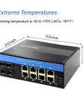 Industrial Gigabit 12 Port Network Switch With Eight PoE Ports And Four SFP Ports, 240W Power Budget, front view with dimensions