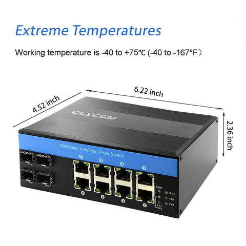 Industrial Gigabit 12 Port Network Switch With Eight PoE Ports And Four SFP Ports, 240W Power Budget, front view with dimensions
