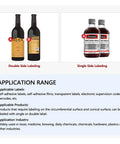 Double Side Labeling on wine bottles and Single Side Labeling on cosmetic bottles showing application range details.