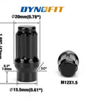 12x1.5 Lug Nuts 6 Spline Extended ET Closed End 24 Pc Set M12x1.5 black with measurements for aftermarket wheels