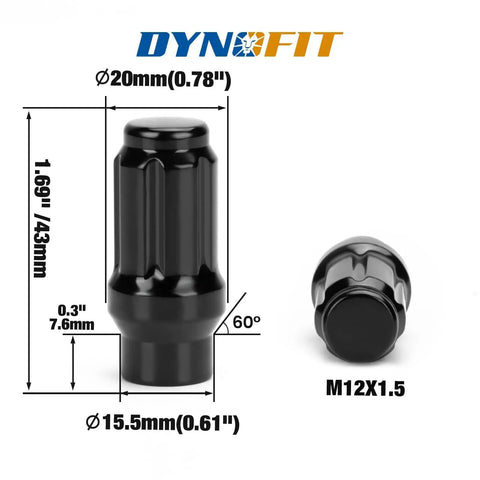 12x1.5 Lug Nuts 6 Spline Extended ET Closed End 24 Pc Set M12x1.5 black with measurements for aftermarket wheels