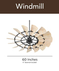 Sixty Inch Damp Rated Ceiling Fan With A Badass Fifteen Blade Wagon Wheel Design Efficient DC Motor Weathered Oak Blades Textured Black Finish And A Slick Remote For Any Room Or Covered Patio Setup from an overhead angle.