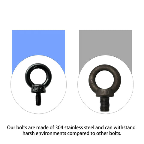 Set Of Four M5 x 12Mm Lifting Eye Bolts Built Tough From 304 Stainless Steel For Top Shelf Pulling Strength And No Sweat Rigging Or Heavy Duty Hoisting On Any Job Site, side-by-side comparison of eye bolts.