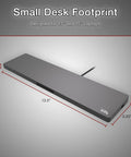Hella Efficient USB C Docking Station With Integrated Active Cooling Fan And Ergonomic Laptop Rest Angle Thunderbolt 3 Compatible shown on a small desk with visible dimensions.