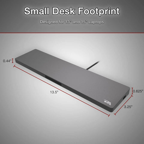 Hella Efficient USB C Docking Station With Integrated Active Cooling Fan And Ergonomic Laptop Rest Angle Thunderbolt 3 Compatible shown on a small desk with visible dimensions.