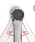 Top view of One Half By Nine Sixteenths Inch 45 Degree Offset Box End Wrench With 12 Point Openings Built To Handle Tight Spots And Obstructions