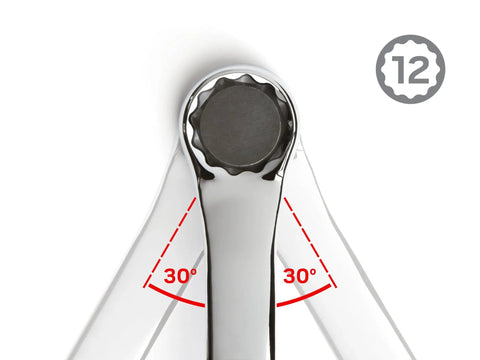 Top view of One Half By Nine Sixteenths Inch 45 Degree Offset Box End Wrench With 12 Point Openings Built To Handle Tight Spots And Obstructions
