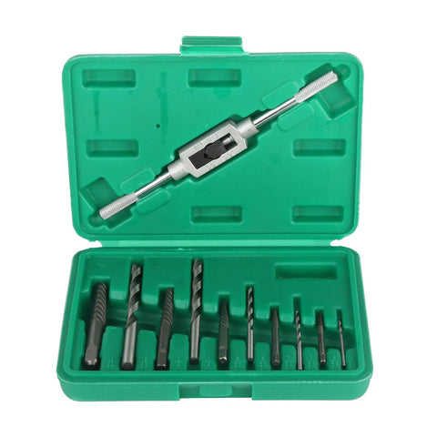 Premium 11 Piece Broken Screw Extractor Set With High Speed Steel Drill Bits And Tap Handle To Bust Stripped Rusted Bolts And Fasteners Using Left Hand Spiral Flute Tools For Any Tough Fix It Job, green case open