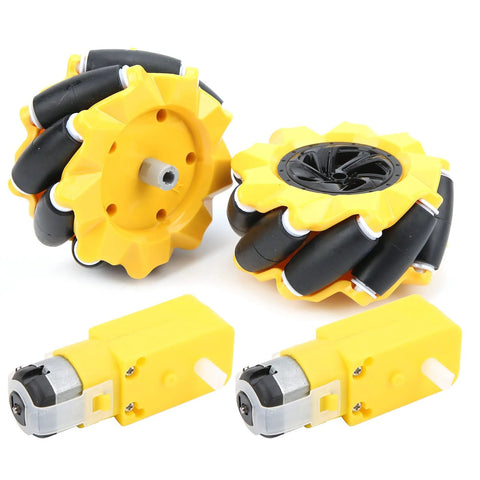 Set of two yellow 80mm Mecanum wheels with black rubber rollers and two yellow TT motors for DIY robot
