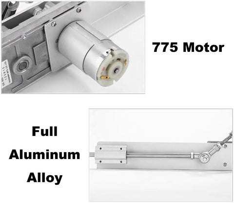 DC24V reciprocating linear actuator, motor-end view with end connector, aluminum alloy housing.
DC24V reciprocating linear actuator, side view with extension rod and mounting hardware, aluminum alloy housing.