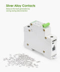 Front view of 12V To 110V DC Miniature Circuit Breaker 60 Amp One Pole Battery Protector showing silver alloy contacts