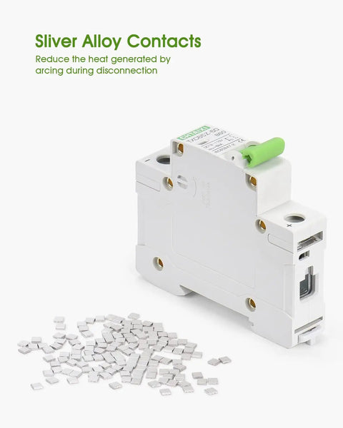 Front view of 12V To 110V DC Miniature Circuit Breaker 60 Amp One Pole Battery Protector showing silver alloy contacts