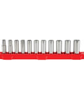 Metric Three Eighths Inch Drive Six Point Socket Set, Eleven Piece With Deep Sockets, Chrome Finish on red tray