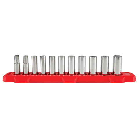 Metric Three Eighths Inch Drive Six Point Socket Set, Eleven Piece With Deep Sockets, Chrome Finish on red tray