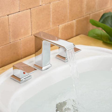 Waterfall Widespread Bathroom Faucet Chrome 3 Hole 2 Handle Vanity Sink Mixer Tap With Pop Up Drain Overflow And Supply Lines
