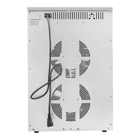 Back view of Heavy Duty Food Dehydrator Machine Featuring Rock Solid Stainless Steel Trays with power cord and ventilation.